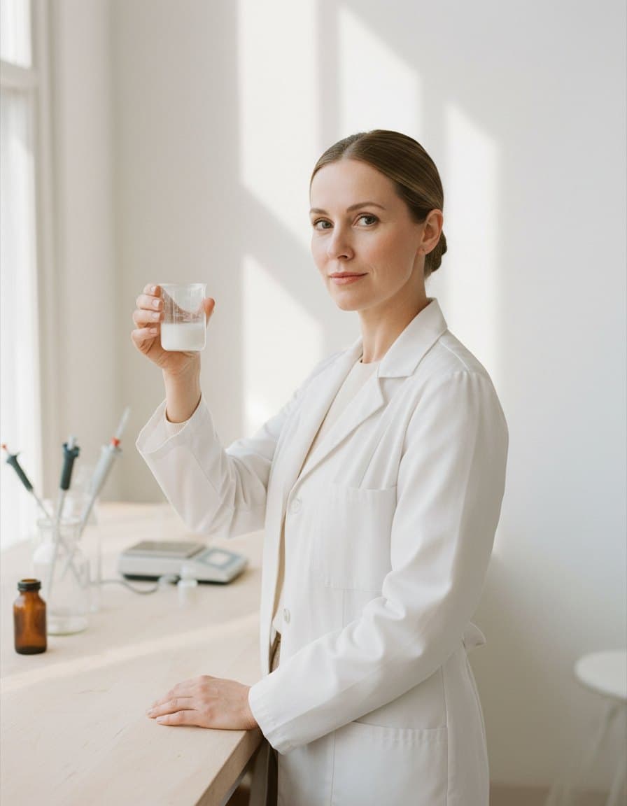 Anna Keller in a white lab coat at a workbench, holding a small beaker of milky serum
