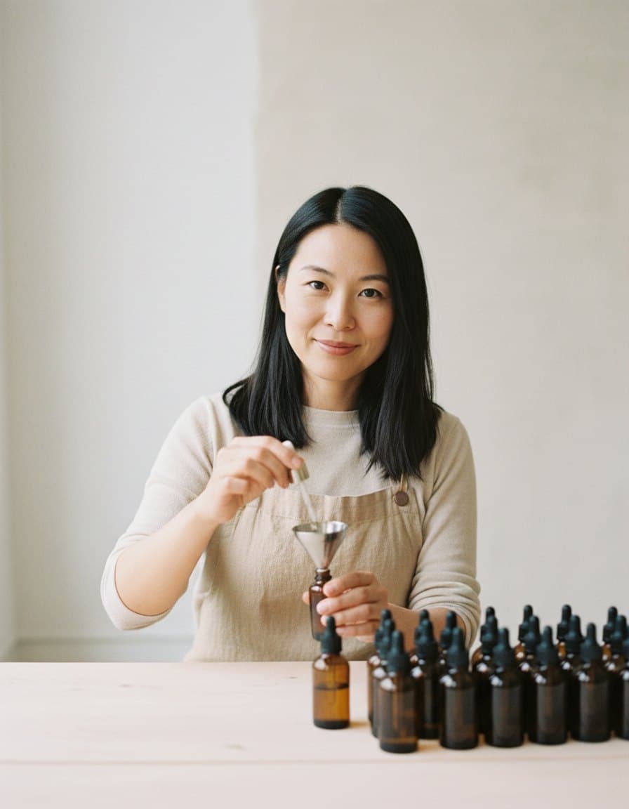 Maya Lin in a linen apron, filling amber dropper bottles through a steel funnel
