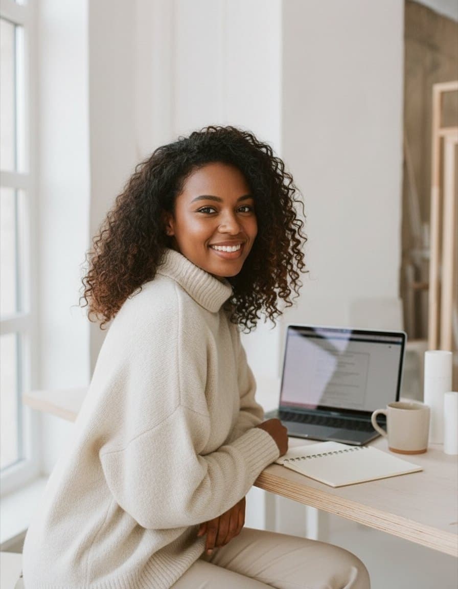 Nora Hayes in a knit sweater, smiling at a desk with a laptop and a notebook