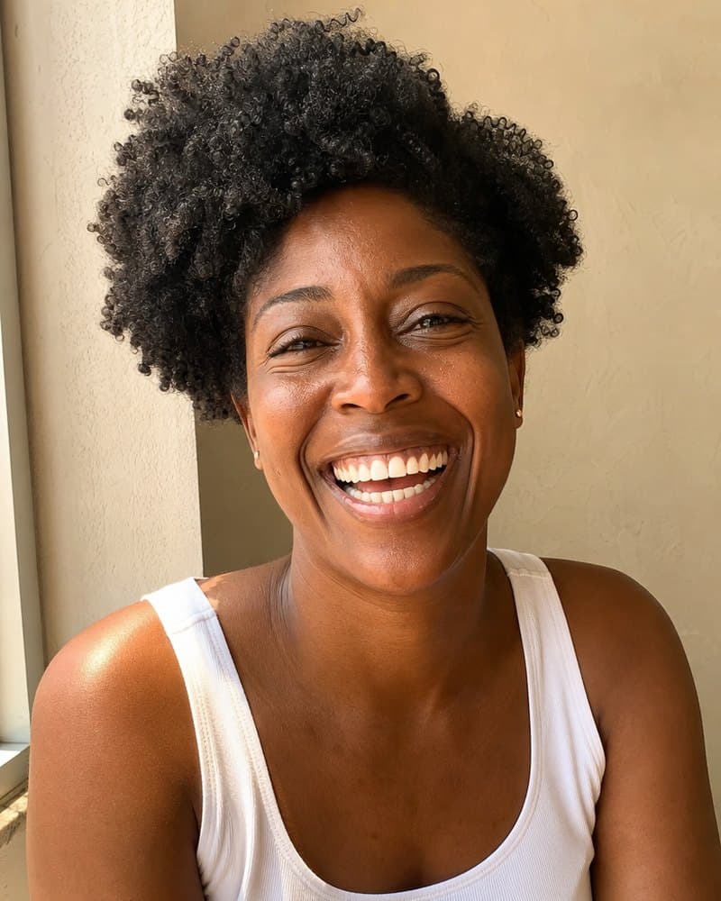 Woman with deep brown skin and a natural afro laughing in a white tank top