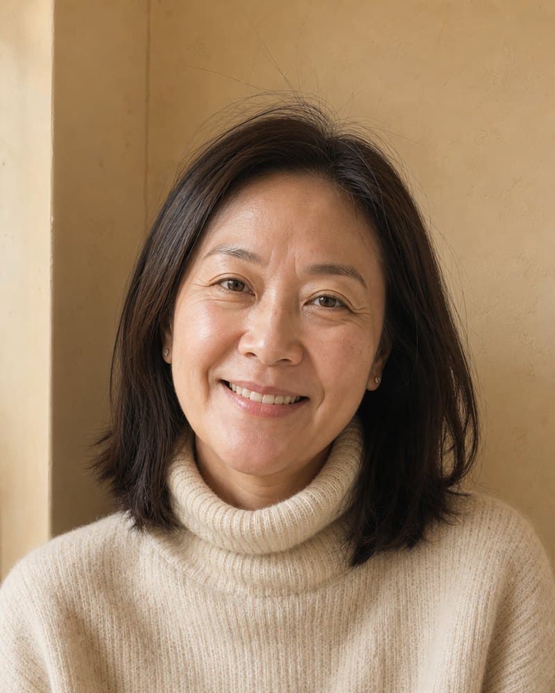 Woman in her forties with shoulder-length dark hair smiling in a cream knit turtleneck
