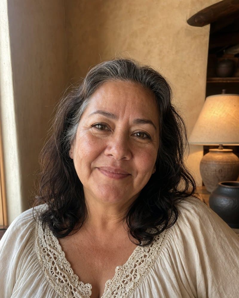 Woman in her fifties with grey at her temples and a warm smile, in a cream lace top in a lamp-lit room