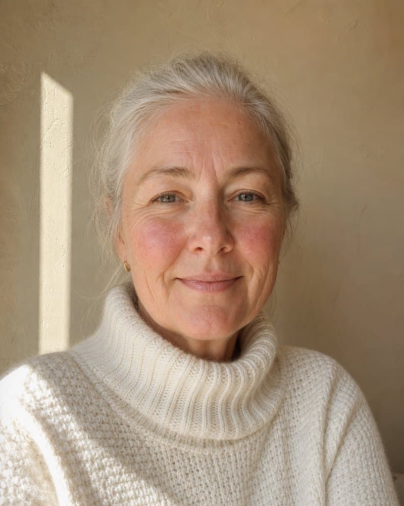 Woman in her sixties with silver hair pulled back and a flush on her cheeks, in a white turtleneck